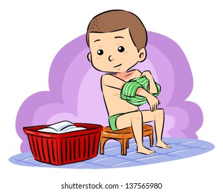 Prepare To Take Bath A Boy Put Off His Clothes Prepare To Take A Bath. Vector EPS8 File.