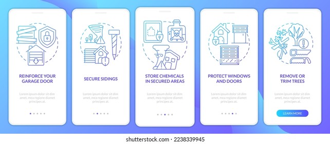 Prepare for tornado at home blue gradient onboarding mobile app screen. Walkthrough 5 steps graphic instructions with linear concepts. UI, UX, GUI template. Myriad Pro-Bold, Regular fonts used