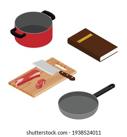 Prepare uncooked beef steak. Sauce pan, fry pan, cook book, cutting chopping board with cleaver knife and beef steaks. Isometric view