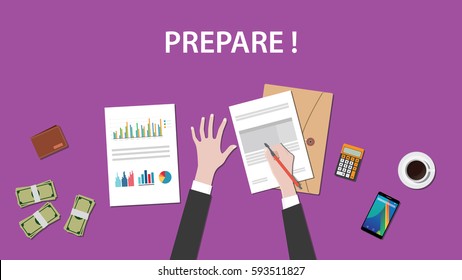 prepare white text illustration with a man writing on paperworks and money, calculator and folder document on top of table
