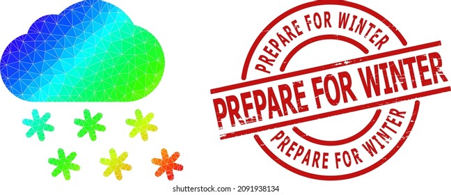 Prepare for Winter textured stamp print and lowpoly spectral colored snow weather icon with gradient. Red seal includes Prepare for Winter title inside round and lines template.