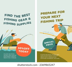 Prepare for your next fishing trip, buy gear and supplies at special price. Fifty percent offer for clients today. Promotional banner, advertising and branding, vector in flat style illustration