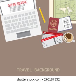 prepare for your travel background, there are map, computer for online booking, ticket and passport. text can be added