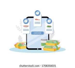 Prepared Food Scheduled Delivery Service Flat Concept Vector Illustration. Cooked Meals Online Order. Internet Restaurant, Nutrition Ordering And All Day Courier Delivery Creative Idea