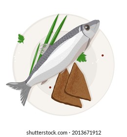 Prepared herring with pieces of bread and onion on the plate. Sea fish dish isolated on white background.