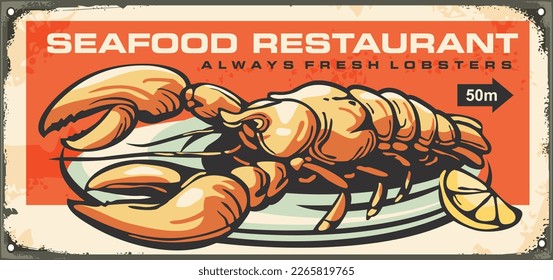 Prepared lobster on the plate retro seafood restaurant sign design. Lobster vector graphic on old vintage background food illustration.