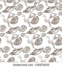 Prepared rise in bowl, lime or lemon slice seamless pattern. Exotic dish served on place with sour citrus. Nutrition and dieting, healthy eating. Monochrome sketch outline, vector in flat style