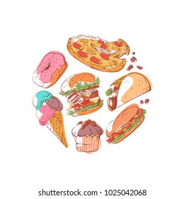 Prepared street food banner with fast food sketches. Restaurant takeaway menu, tasty snacks vector illustration. Taco, donut, ice cream, pizza, hamburger and sandwich doodles on white background.