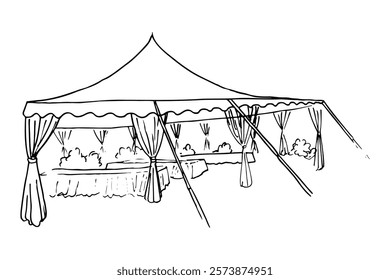 prepared tent with tables set up for guests without people - hand drawn line art sketch