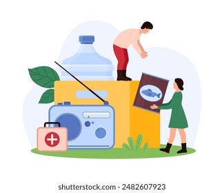Preparedness for natural disasters, collection of survival kit items. Tiny people collect canned food and bottle of water drink, first aid box and necessary equipment cartoon vector illustration