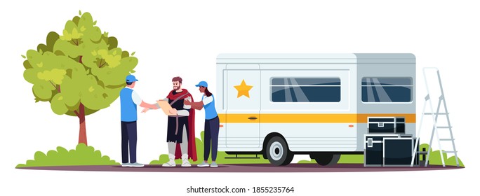 Preparing actor semi flat RGB color vector illustration. Movie preparations. Knight film. Learning plot. Important role. Filming crew van isolated cartoon character on white background