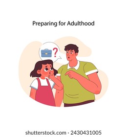 Preparing for Adulthood concept. A young girl ponders her future career with a thoughtful expression as her older brother points towards a symbol of the workforce. Flat vector illustration