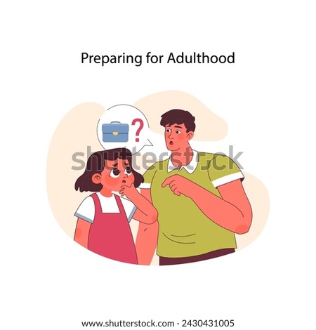 Preparing for Adulthood concept. A young girl ponders her future career with a thoughtful expression as her older brother points towards a symbol of the workforce. Flat vector illustration