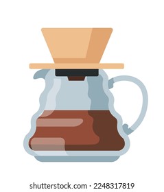 Preparing aromatic beverage, isolated glass container with handle and lid. Brewing coffee in special machine with filter, tasty drinks for breakfast. Cafe or home cooking. Vector in flat style