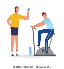 Preparing an athlete for sport competition or personal coaching scene with men cartoon characters, flat vector illustration isolated on white background.