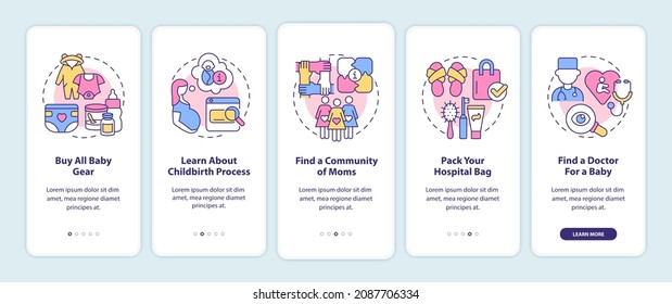 Preparing for baby onboarding mobile app page screen. Buying all baby gear walkthrough 5 steps graphic instructions with concepts. UI, UX, GUI vector template with linear color illustrations