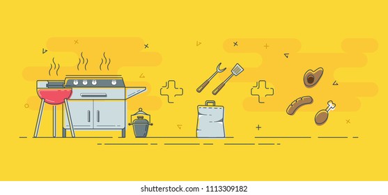 Preparing a barbecue. Next steps in preparing a barbecue: grill, tools and food.