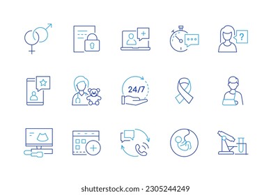 Preparing for the birth of a child - set of modern line design style icons on white background. Online consultation with doctor, pediatrician, ultrasound, analysis through a microscope, motherhood