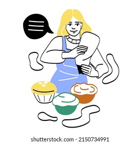 Preparing for birthday party. Blond woman in kitchen with device for applying cream on cupcakes, muffins and sweets. Baking and tasty and sweet food for party. Cartoon flat vector illustration