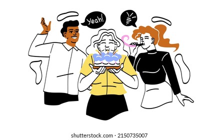 Preparing for birthday party. Woman blows out candles on cake, man and girl congratulate. Entertainment and relaxation in comfortable conditions, traditions and fun. Cartoon flat vector illustration