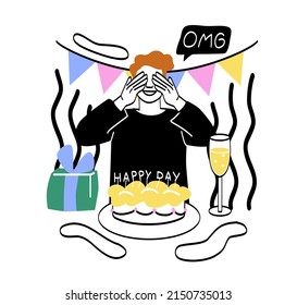 Preparing for birthday party. Young guy closes his eyes with his hands, happy day. Character expects surprise, cake on table, drink in glass and gift in box. Cartoon flat vector illustration