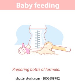 Preparación de la botella de leche en polvo para bebé. Nutrición de fórmula para recién nacidos. Frasco con pezón, frasco de fórmula, cuchara de medida. Ilustración del vector de color. 