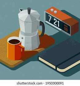 Preparing breakfast at home in the morning: moka pot, cup of coffee, notebook and alarm clock, isometric illustration