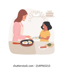 Preparing Breakfast Isolated Cartoon Vector Illustration. Mom Cooking Breakfast, Preparing Eggs, Happy Family Sitting At Kitchen Table, Drinking Coffee, Daily Morning Routine Vector Cartoon.