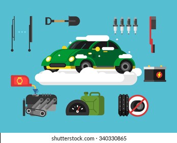 Preparing Car To Winter. Automobile Rubber, SUV And Canister Oil, Tire For Snow, Flat Vector Illustration