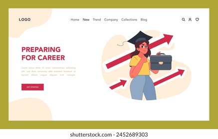 Preparing for career concept. Confident graduate with mortarboard, gripping her briefcase, surrounded by arrows. Starting path of future professional, beginning of career. Flat vector illustration.