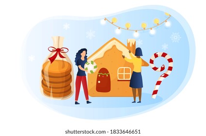 Preparing for the celebration of Christmas and new year abstract concept. Tiny women baking giant cookies and sweets. Flat cartoon vector illustration with fictional characters.