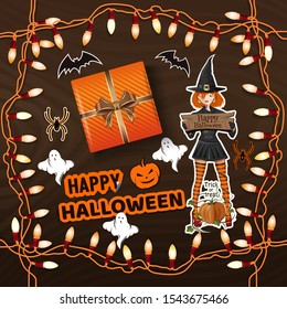 Preparing for the celebration of Halloween. Happy Halloween. Table with gifts for Halloween view from above. Vector illustration