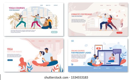 Preparing to Childbirth Courses and Classes Trendy Flat Vector Web Banners, Landing Pages Templates Set. Pregnant Women with Husband Doing Yoga Exercises in Gym, Watching Video Online Illustration