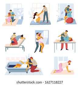 Preparing For Childbirth, Pregnant Woman And Man Exercising Before Giving Birth Isolated Icons Vector. Pregnancy Courses, Partners In Hospital Or Gym And Bath. Husband And Wife On Yoga And Home