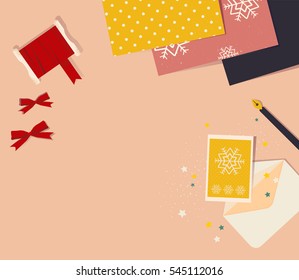 Preparing for Christmas banner, top view with gift boxes, ribbons, stars and Christmas gift card. Place for text at center. Happy new year and Merry Christmas concept.
