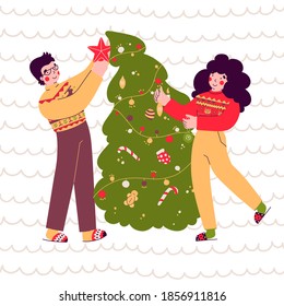 Preparing for Christmas, decorating tree, family evening, flat vector illustration.