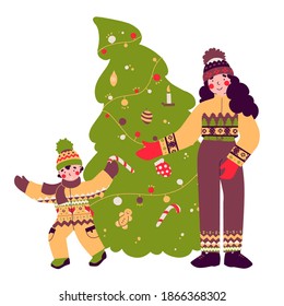 Vorbereiten für Weihnachten, schmückender Baum, Familienabend, flache Vektorgrafik.