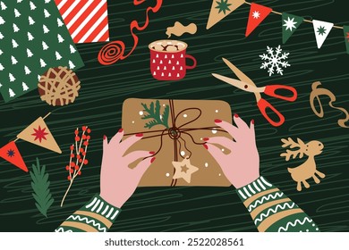 Preparando regalos de Navidad . Concepto ecológico. Materiales naturales para envolver regalos. Ilustración vectorial en un estilo plano