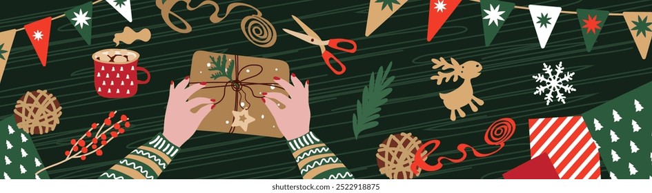 Preparing Christmas gifts . Eco-friendly concept.Natural materials for gift wrapping.Vector illustration in a flat style