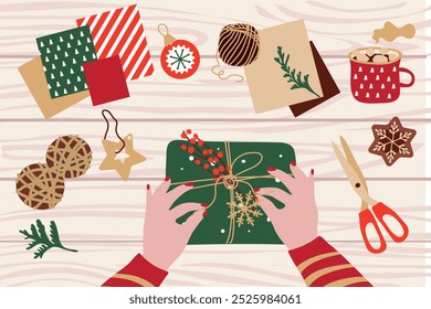 Preparando regalos de Navidad . Concepto ecológico. Materiales naturales para envolver regalos. Ilustración vectorial en un estilo plano