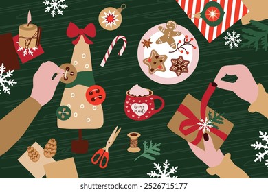 Preparando regalos de Navidad . Concepto ecológico. Materiales naturales para envolver regalos. Ilustración vectorial en un estilo plano