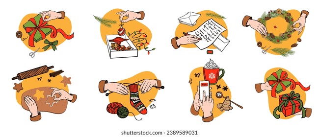 Preparing for the Christmas,  holiday scenes collection, baking cookies, writing to Santa, knitting socks, wrapping gifts, decorating a Christmas wreath, search. Top view process. Vector Illustration.