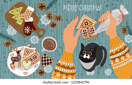 Preparing for Christmas and New Year. Cute flat vector illustration - hands with a pastry bag decorate gingerbread cookies with icing and cat watching the process. Top view,