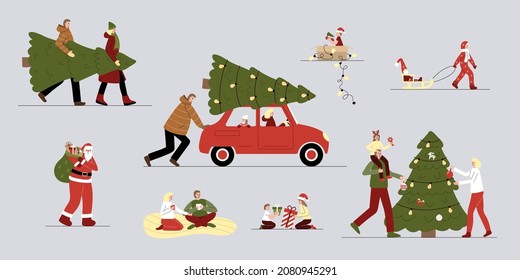 Preparing for Christmas and New Year, set of people. The family decorates the Christmas tree, Santa Claus with a bag of gifts, a red car with a Christmas tree. Children with gifts. Flat style