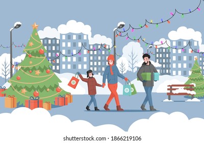 Preparing for Christmas and New Year vector flat concept. Happy smiling family with shopping bags walking in decorated city park. Man, woman and boy in warm clothes spending time in winter city.