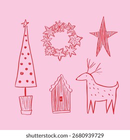 Preparing for Christmas with a set of hand-drawn vector graphics doodles. Deer, Christmas tree, Christmas house, gingerbread wreath, striped star. Cute Christmas illustrations
