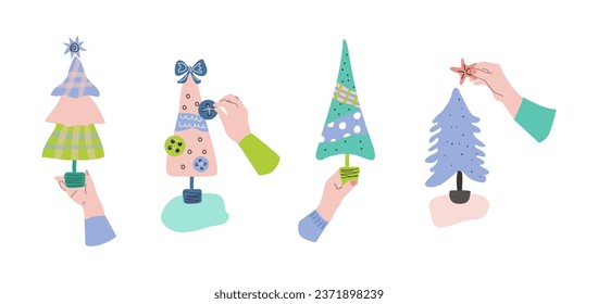 Preparing for Christmas.Eco-Christmas tree made of textile materials.Vector illustration