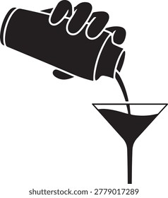 Preparing a cocktail, shaker pours into glass, balck icon silhouette vector
