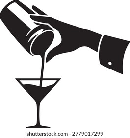 Preparing a cocktail, shaker pours into glass, balck icon silhouette vector