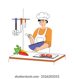 Preparando refeições deliciosas, dominando as artes culinárias, ilustração chef profissional